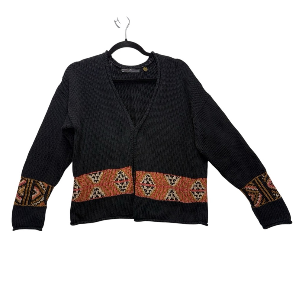 Peruvian Connection Aztec Pattern On Black Cardig… - image 1